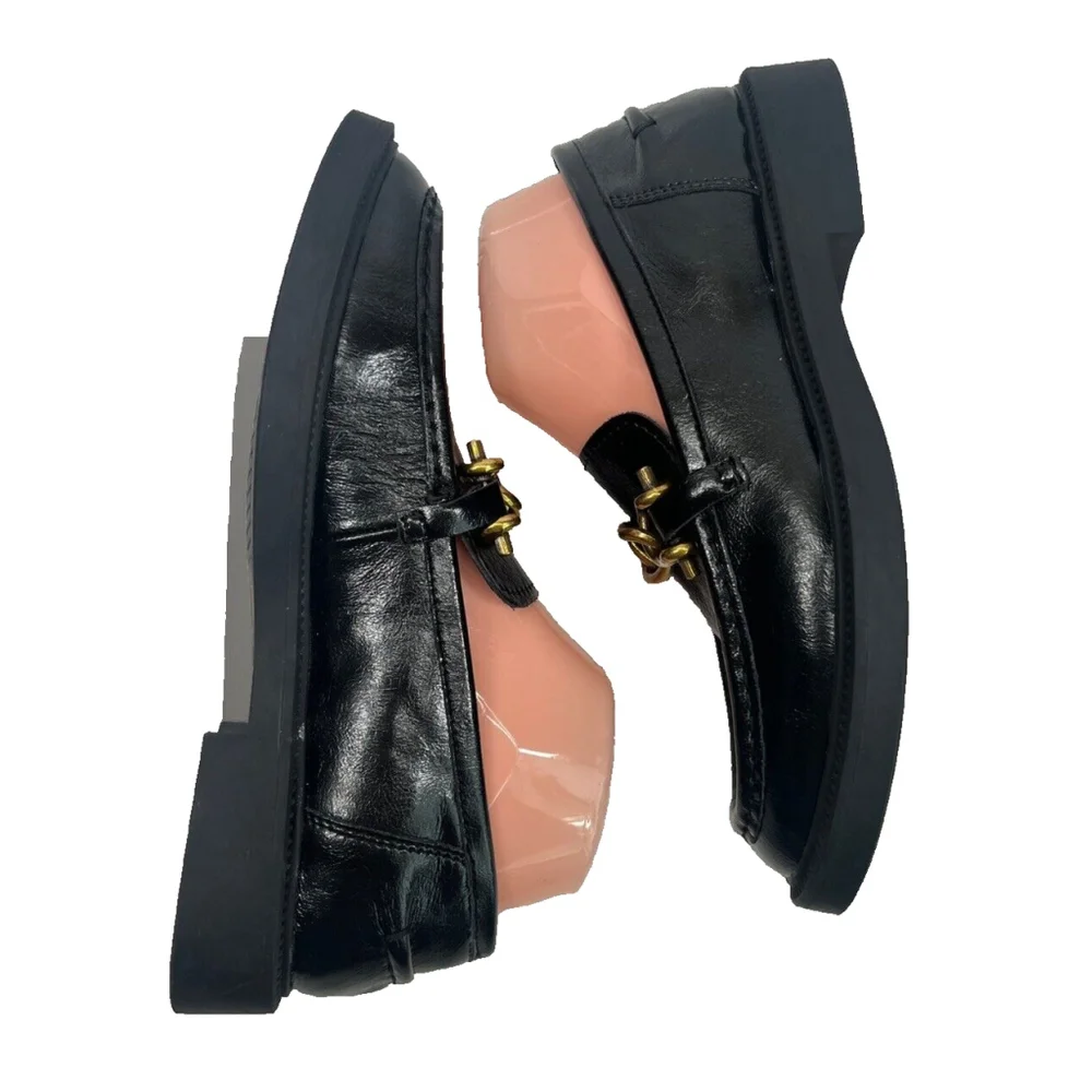Steve Madden Womens Black Leather Loafer Shoes Gold Chain Size‎ 9.5M Office